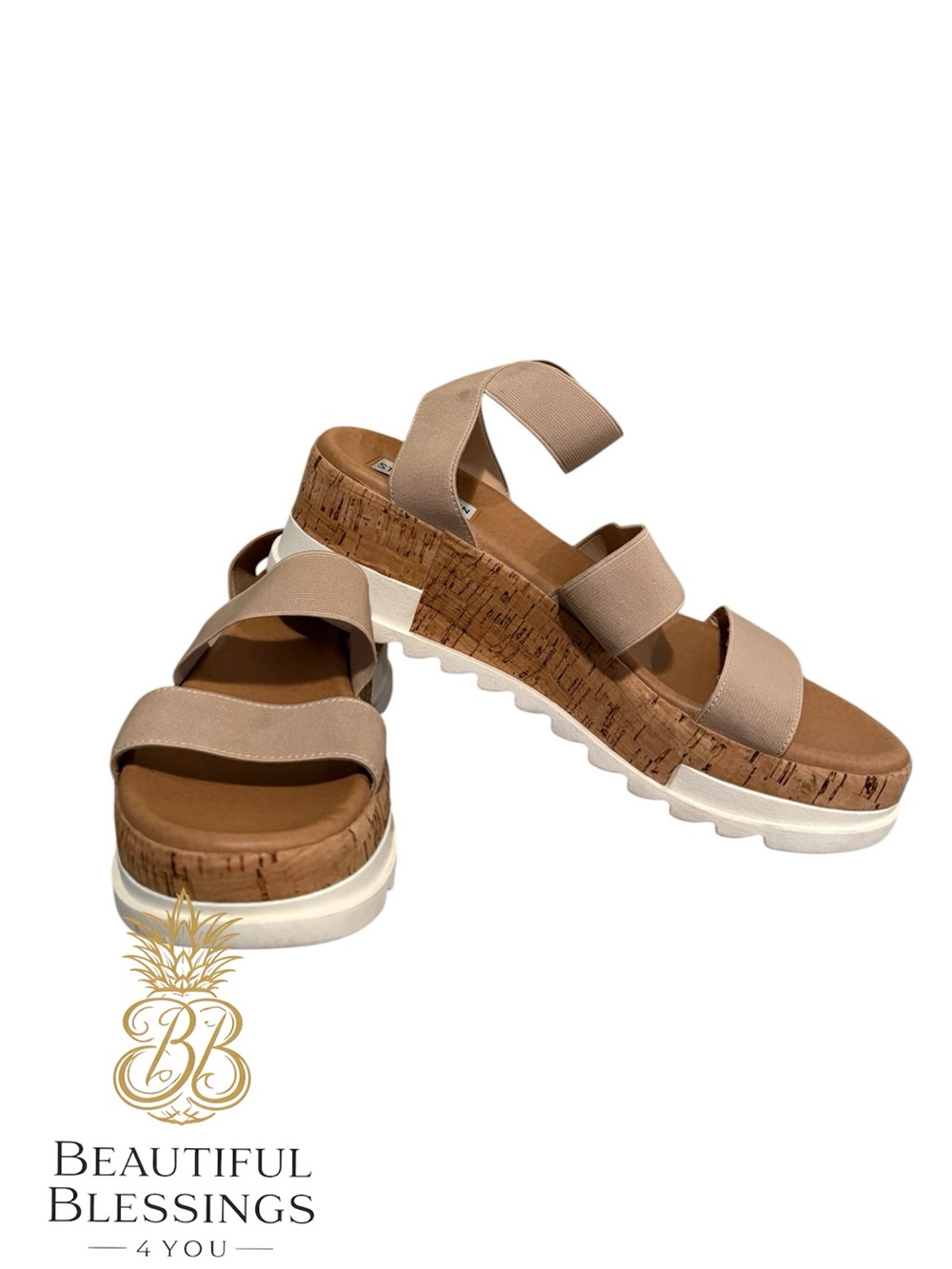Steve Madden platform Sandals Women 8.5 Beige Elastic Strap Cork Wedge Comfort - Picture 4 of 11